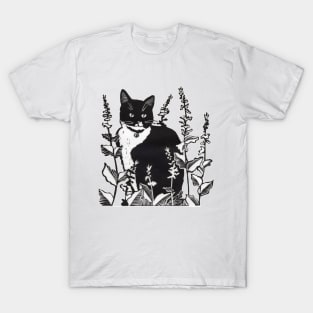 Tuxedo Cat in the Flower Garden T-Shirt